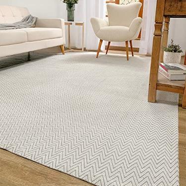 Imagem de Tapete Sala Quarto Casal Grande 2,00 x 2,50 Antiderrapante Rústico Decorativo Emborrachado Artesanal de Tear 100% Algodão Chevron Geométrico Cinza Minimalista Neutro