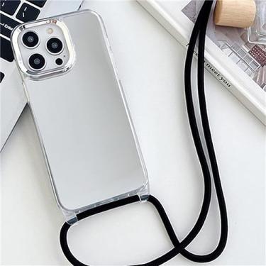 Imagem de Alça Cordão Corrente Colar Fita Estojo De Telefone Para iPhone 14 13 12 11 Pro Max 14Plus Espelho Acrílico À Prova De Choque Tampa Traseira TPU, Preto, Para iPhone 13
