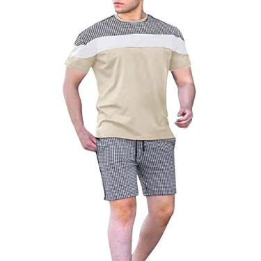 Imagem de Brocade Smoking Conjunto masculino de verão com emenda casual, conjunto esportivo de seda gelo slim fit manga curta camiseta slim fit stretch, Cáqui, G