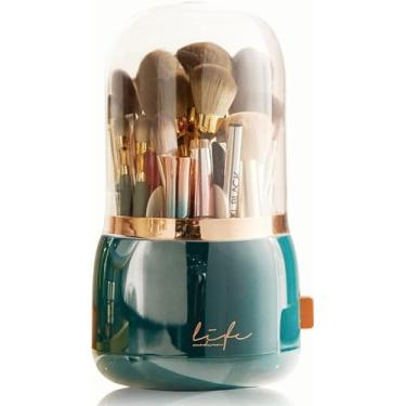 Imagem de Porta-pincel de maquiagem de luxo giratório 360graus com tampa, organizador de cosméticos, batom, lápis de sobrancelha, porta-lápis, caixa de armazenamento de sombra para os olhos (Branco) (Verde)