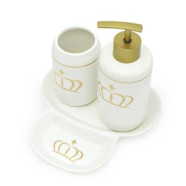 Imagem de Kit Banheiro Lavabo 3 Peças Branco Porcelana Coroa Dourada - Amigold