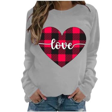 Imagem de SHOPESSA Camisas de Dia dos Namorados para Mulheres Love Heart Graphic T-Shirt Gola Redonda Jersey Roupas de Primavera para Mulheres 2024, Tops de coração xadrez cinza, GG