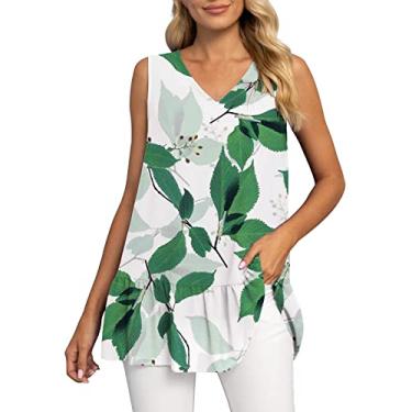 Imagem de Regata feminina de verão, plissada, gola V, sem mangas, folgada, de chiffon Hawailan, túnica, #02 Verde floral, M