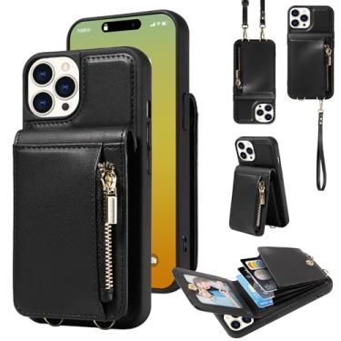 Imagem de Capa carteira para iPhone 15 Pro, bolso com zíper liso, 3 compartimentos para cartão, suporte de fivela manual, capa protetora clássica de couro com alça transversal para Apple iPhone 15 Pro (preto)