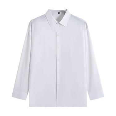 Imagem de Camisa masculina lisa de botão casual manga longa drapeada seda respirável camisa de praia, Branco, M