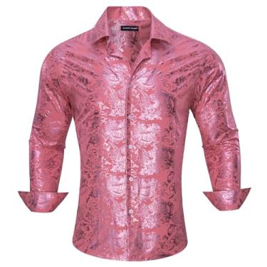 Imagem de Barry.Wang Camisetas masculinas Paisley Muscle Shirt vestido de seda botão manga longa regular tops moda flor casamento/formal, Estampa rosa, 3G