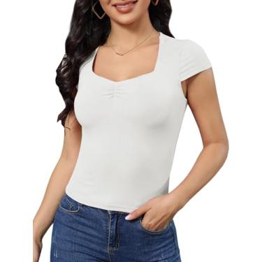 Imagem de Bellcoco Camisetas femininas de manga curta sexy gola quadrada malha canelada slim fit camiseta básica 2024 roupas modernas, A - Branco, G