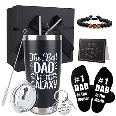 Imagem de CAKKA Conjunto de presente para o Dia dos Pais, Copo Preto com Tampa e Canudo, Meias Masculinas, Pulseira Masculina, Chaveiros, Cartões, Caixa de Presente para o Dia dos Pais, Presentes de Filha Esposa Filho Crianças, Best Dad Ever Gifts