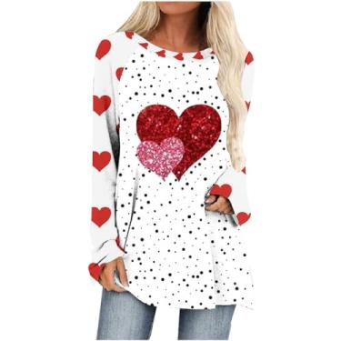 Imagem de Homisy Blusa feminina com estampa de coração, casual, fashion, pulôver, leve, folgada, túnica de dia dos namorados, moletom longo, Vermelho, P
