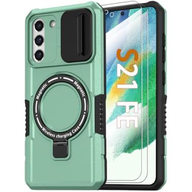 Imagem de KTUOHU Capa para Samsung Galaxy S21 FE com suporte de anel magnético + protetor de tela de vidro [compatível com MagSafe] Capas de grau militar com capa para câmera, capa à prova de choque para