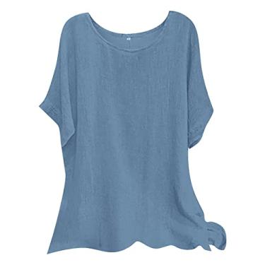 Imagem de Blusa feminina de algodão e linho de manga curta boho leve túnica gola redonda casual para trabalho, Azul, M