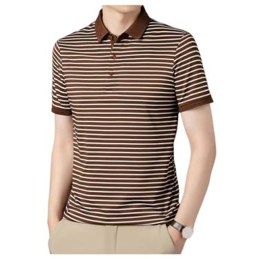 Imagem de Camisa polo masculina listrada casual elástica manga curta fresca secagem rápida solta camiseta de tênis, Cáqui, M