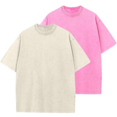 Imagem de Camisetas masculinas de algodão grandes folgadas vintage lavadas unissex manga curta camisetas casuais, Bege + rosa, M