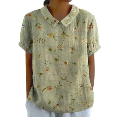 Imagem de Camisetas femininas de linho de verão com lapela floral, casual, solta, elegante, manga curta, blusas estampadas fofas, túnica básica, Verde, 4G