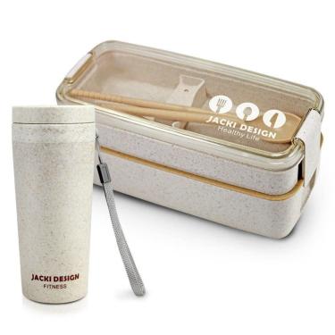 Imagem de Conjunto Pote De Marmita Ecológica De 2 Andares 750ml E Copo Com Tampa 300ml Lifestyle Bege
