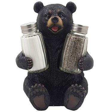 Imagem de Conjunto decorativo de saleiro e pimenteiro de vidro de urso preto com suporte de estatueta para decoração de mesa rústica de cabana e cabana, decoração de mesa de cozinha, centros de mesa de especiarias ou presentes de ursinho de pelúcia