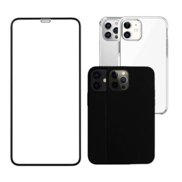 Imagem de KIT Case Preta Aveludada + Película De Vidro Temperado 3D Anti-Impacto + Capinha Transparente Slim Compatível Com iPhone Vários Modelos (12 / 12 PRO)
