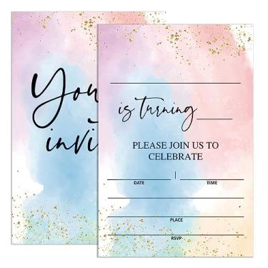 Imagem de UDNADKEX Convites de aniversário em aquarela com envelopes, convites para meninas festa de aniversário aquarela, cartões de convite coloridos para festas de aniversário, 10 x 15 cm, conjunto de 20,