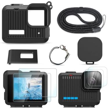 Imagem de FitStill Capa de borracha de silicone para Go Pro Hero 4K, capa protetora de substituição da tampa lateral da bateria, protetores de tela, tampas de lente e cordão para kit de acessórios de câmera de