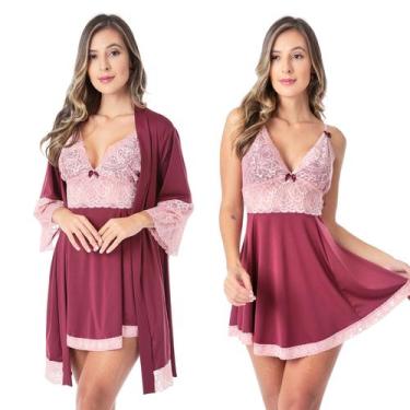 Imagem de Kit Robe Luxo e Camisola Sensual de Renda Lingerie Feminina - Empório 