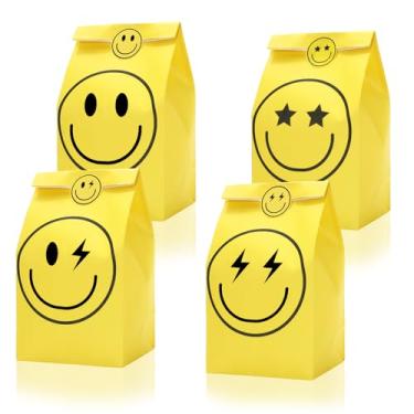 Imagem de JarThenaAMCS 24 peças de sacos de lembrancinha de festa de rosto sorridente, sacos de presente de papel com adesivos de etiqueta, 4 designs de sacolas de doces para chá de bebê de 1º aniversário,