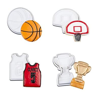 Imagem de Mostop Conjunto de cortadores de biscoito de basquete, 4 peças de cortadores de biscoito esportivos com carimbos, basquete, aro, jérsei, copo de troféu, ferramentas de decoração de bolo, lembrancinhas