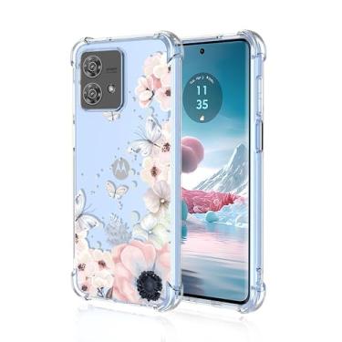 Imagem de RRXSYXL Capa para celular Moto Edge 40 Neo com estampa floral transparente e borboletas, capa de TPU macio com proteção à prova de choque para Motorola Edge 40 Neo (flores rosa/borboletas)