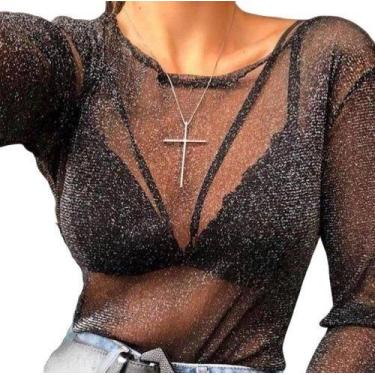 Imagem de Body  lurex Brilho Blusa Tule Plus Size Transparente  Estampas Xadrez 