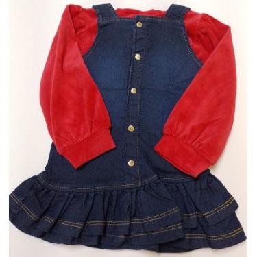 Imagem de Jardineira Jeans + Blusa Plush Menina Infantil Katita 27120, Vermelho,