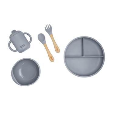 Imagem de Freso Baby Kit Alimentação De Bebê Silicone Atóxico Livre Bpa Introdução Alimentar Blw Tigela Prato Ventosa Talher Infantil Fácil De Limpar Cor Cinza
