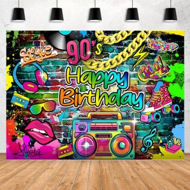 Imagem de MAYSSKQ Pano de fundo hip pop anos 90 Happy Birthday Graffiti anos 80 anos 90 festa retrô urbana Legit pano de fundo neon festa brilhante dança disco 2000 aniversário boombox banner (2,1 x 1,5 m)