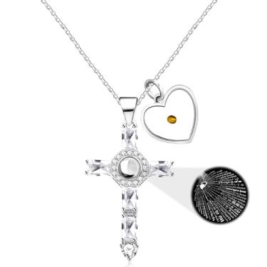 Imagem de Oneress Colar de projeção I Love You em 100 idiomas, corrente de aço inoxidável, colar de fé cristã, joia religiosa de semente de mostarda com zircônia cúbica retangular AAA+, ideal para mulheres,