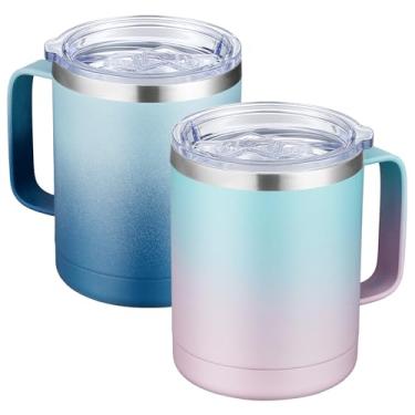 Imagem de Caneca de café com alça MEWAY, 350 ml, copo térmico de viagem de aço inoxidável com tampa deslizante, copo com isolamento a vácuo e parede dupla para bebidas quentes e frias (chiclete e ondas azuis, 2