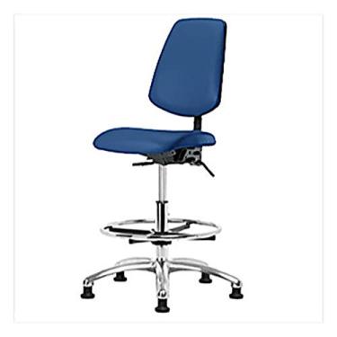 Imagem de Thomas 1163W47 Cadeira de vinil ESD/Cleanroom de altura alta com encosto médio, base cromada, com inclinação, sem braços, anel de pé cromado, deslizamento ESD, azul