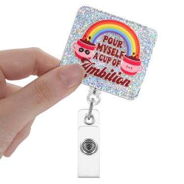 Imagem de Xipromi Pour Myself A Cup of Ambition Badge Reels retrátil com clipe, suporte de crachá de trabalho engraçado para enfermagem, turno noturno, enfermeira, assistente médico, professor, escritório,