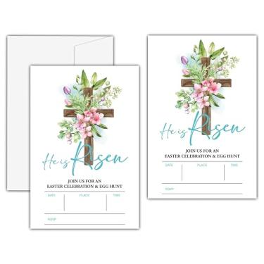Imagem de Convites de festa de Páscoa religiosa, convites de festa de férias cristãs com envelopes, cartão de convite He is Risen, Convites de preenchimento de brunch de Páscoa, lembrancinhas de festa de Páscoa