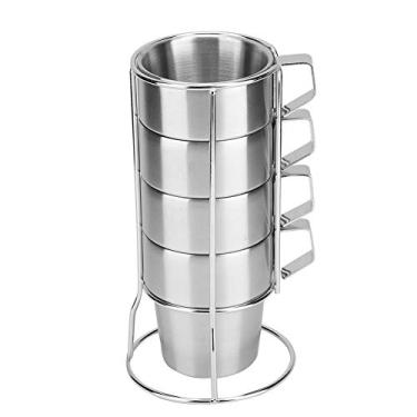 Imagem de Conjunto de 4 xícaras de café em aço inoxidável com suporte para casa e cafeteria, design elegante, material de longa duração, alça conveniente e armazenamento