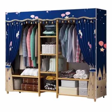 Imagem de Guarda-roupa Novo armário de guarda-roupa duplo reforçado engrossado madeira maciça pendurado guarda-roupa borla listra azul oxford pano tecido armário armário