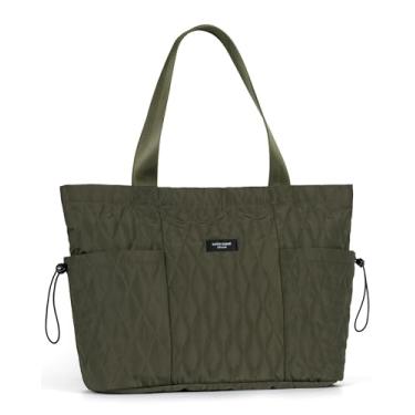 Imagem de Bolsa feminina SATIN SAINT com bolsos laterais, bolsa de ombro casual de 16L com ajuste lateral, bolsa de viagem leve acolchoada para faculdade, escritório, trabalho, academia, mercearia, verde