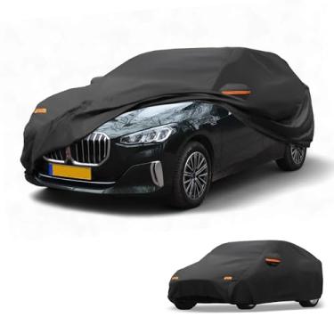 Imagem de Partuto Capa de carro à prova d'água para todos os climas, automotiva, externa, anti-UV, proteção solar e chuva, cobertura externa completa para BMW Série 2 Sedan 190T-PU preta com tiras refletoras