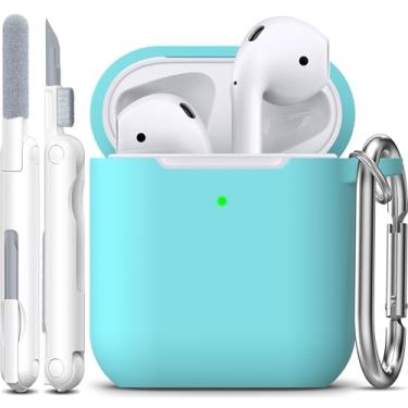 Imagem de R-fun Capa protetora compatível com AirPods, capa protetora de silicone macio com chaveiro para mulheres e homens, compatível com Apple AirPods 2ª 1ª geração, LED frontal visível, verde menta