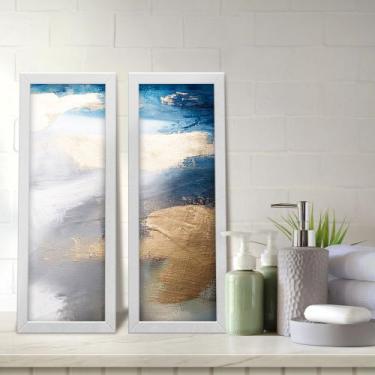 Imagem de Kit 2 Quadros Decorativos Lavabo Abstrato Pintura Azul Dourado - Deliq