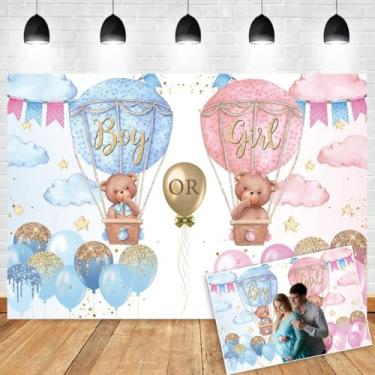 Imagem de OERJU Urso pano de fundo revelador de gênero urso pano de fundo para fotos de chá de bebê balões de ar quente menino ou menina fundo de fotografia revelar gravidez rosa e azul revelar surpresa festa