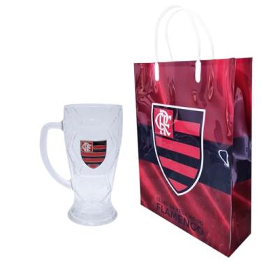 Imagem de Caneca Chopp do Flamengo Vidro Escudo de Metal 630ml e Sacola Plástica Presente