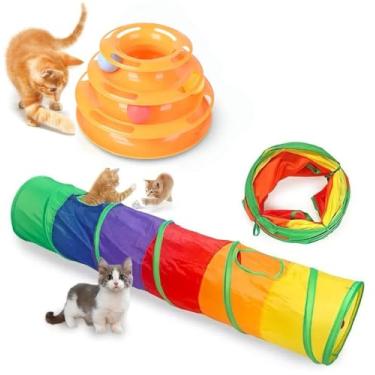 Imagem de 2 Brinquedo Para Gato Torre + Tunel Labirinto Interativo Pet (Torre Laranja + Túnel)