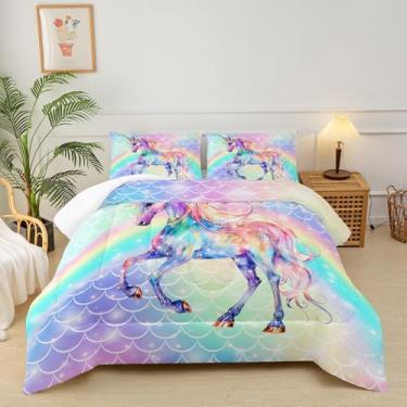 Imagem de lneffble Jogo de cama King de unicórnio fofo, edredom de unicórnio arco-íris, tamanho king, unicórnio rosa, King, decoração de quarto de meninas
