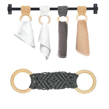 Imagem de 2 anéis de suporte de toalha de macramê | Clipes de toalha de cozinha para alça de forno | Suporte de toalha de crochê | Anéis de suporte de toalha de crochê para pendurar toalhas de cozinha (cinza)