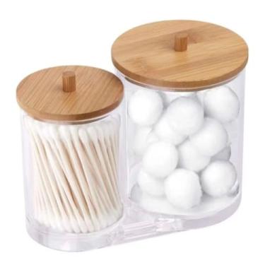 Imagem de Porta Cotonetes Duplo Em Acrílico Tampa Bambu 15x15x12cm Organizador de Algodão Super Resistente Multiuso