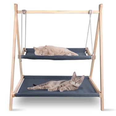 Imagem de Cama giratória para gatos, cama suspensa para gatos, baloiços limpáveis para gatos em ambientes internos, cama elevada de madeira para vários gatos dormirem e brincarem 68 cm C x 56 cm L x 81 cm A