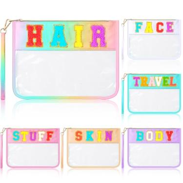 Imagem de Abbylike Bolsa de cosméticos transparente com letras de chenille, à prova d'água, bolsa de cosméticos transparente para viagem, academia, praia, bolsa transparente de viagem, bolsa de maquiagem para